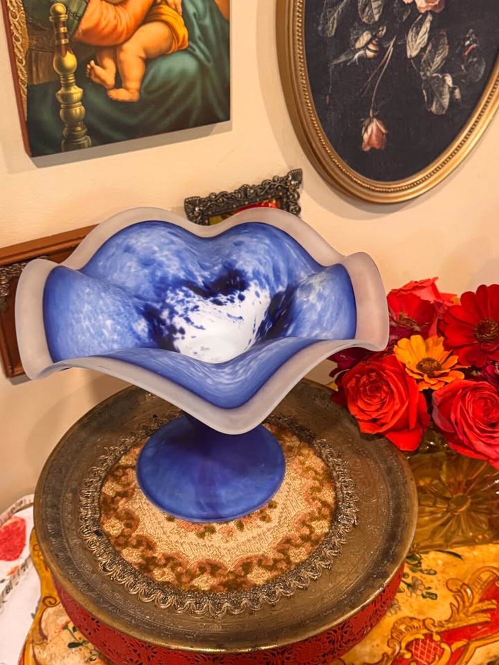 Vintage Murano-Style Blue & White Ruffled Art Glass Pedestal Centerpiece Bowl